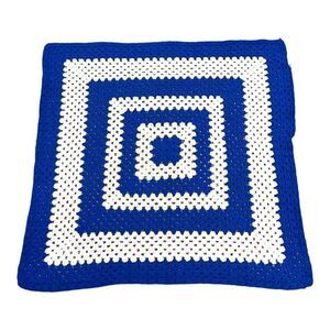 Handmade Blue & White Crochet Granny Square Throw Lap Blanket 35" Crib “READ”
